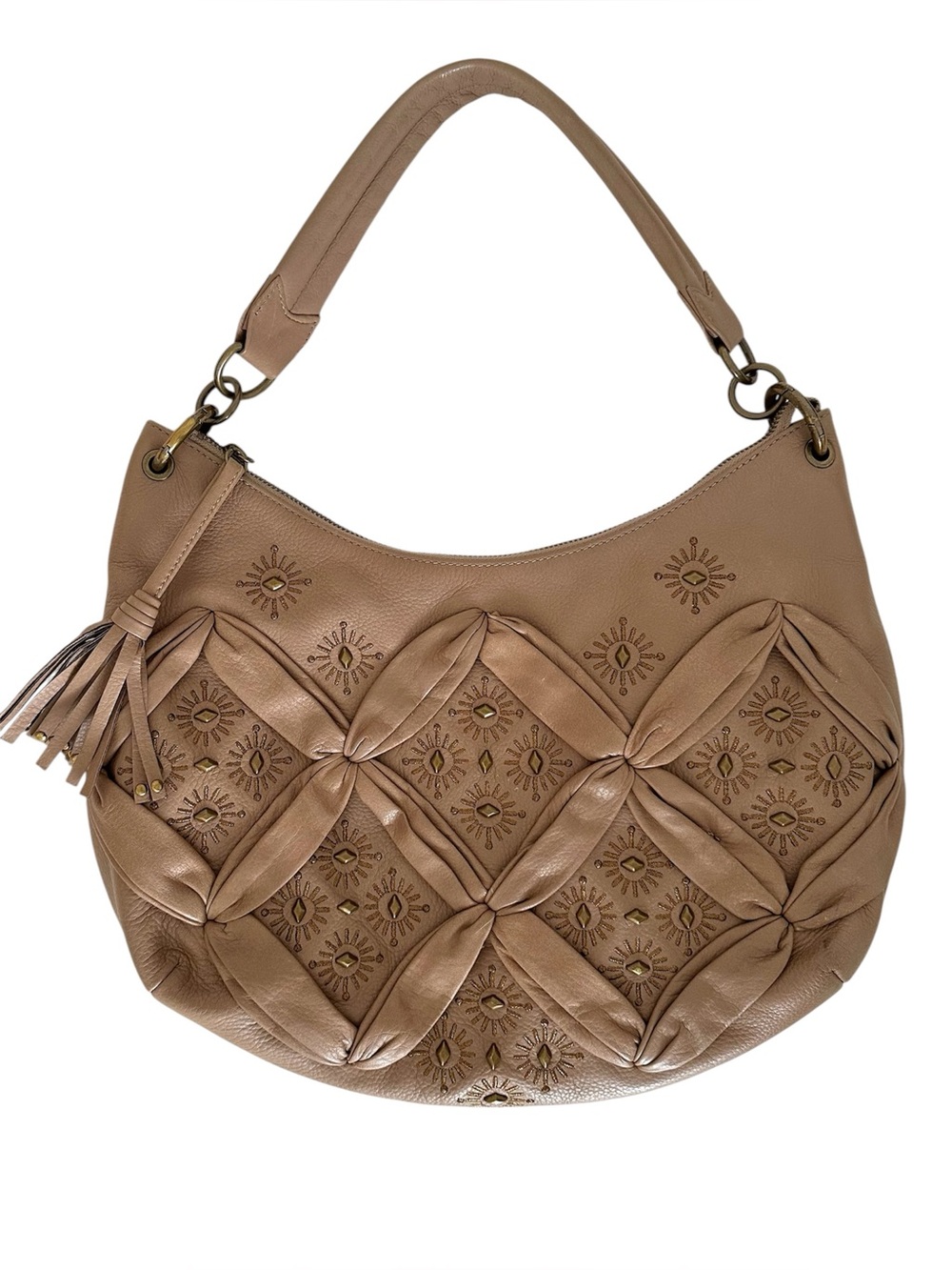 Isabella Fiore Vintage Leather Hobo Bag With Tassels Embrodery Studs